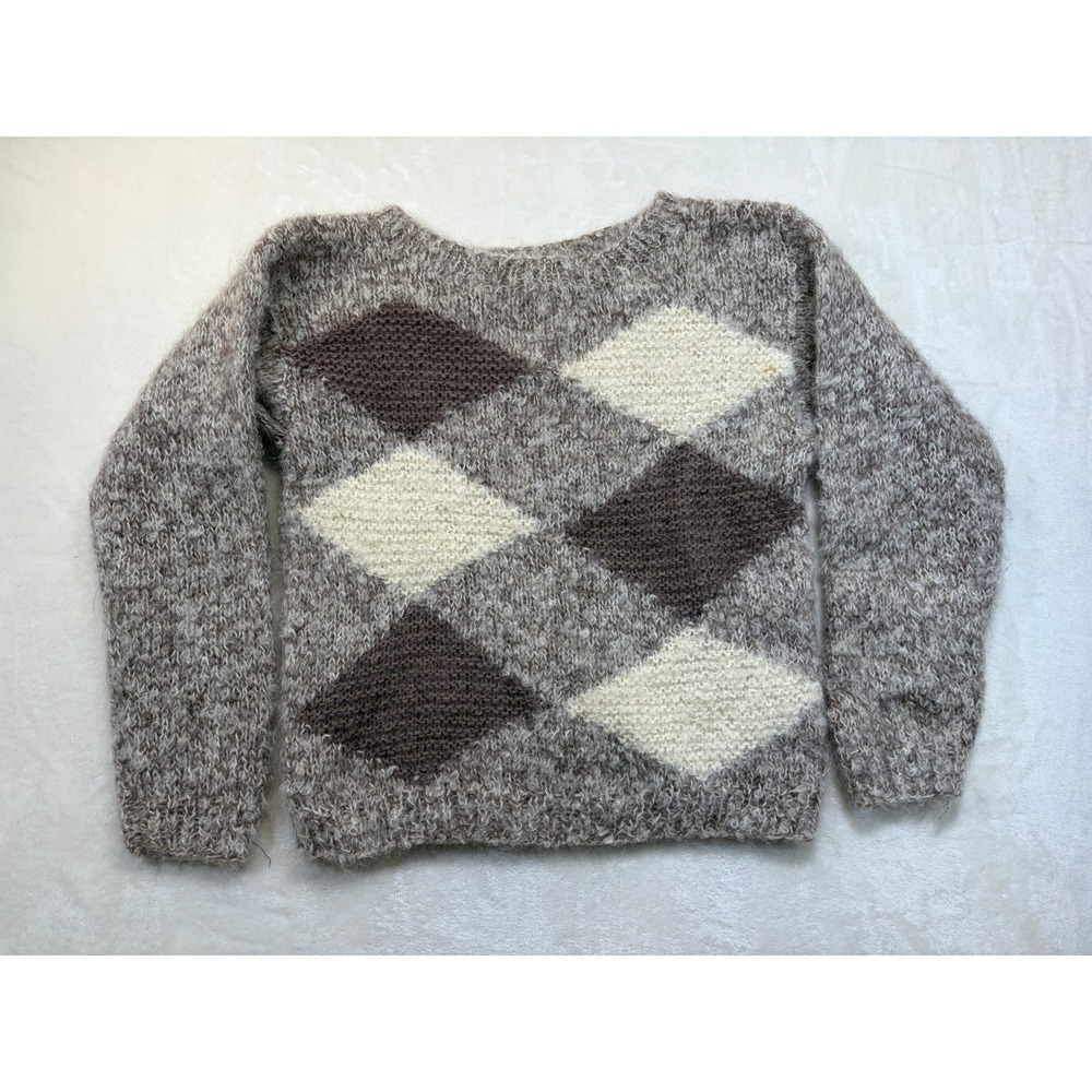 Ellen Tracy Brown Argyle Mohair Wool Hand Knit Sweater Womens Small Excellent